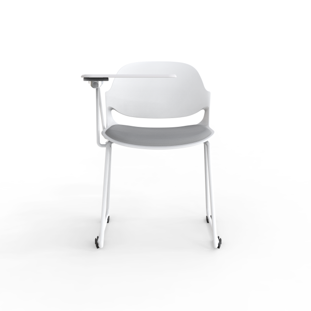 Modern White Frame Office Chair with Writing Pad | Training Chair With Writing pad– Grey Fabric, White Writing Pad & Painted Legs