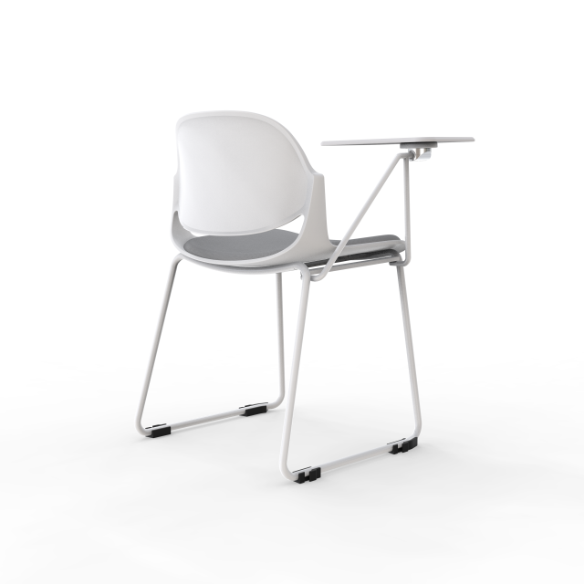 Modern White Frame Office Chair with Writing Pad | Training Chair With Writing pad– Grey Fabric, White Writing Pad & Painted Legs