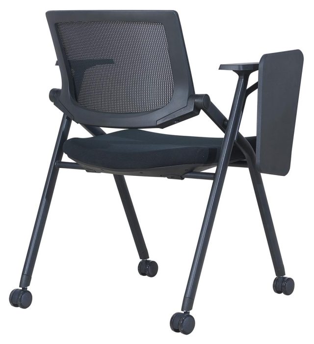 Folding Study Chair | Training Room Chair – Black Nylon Glass Fiber Frame, Mesh Back, Turnable Armrests & Wheels