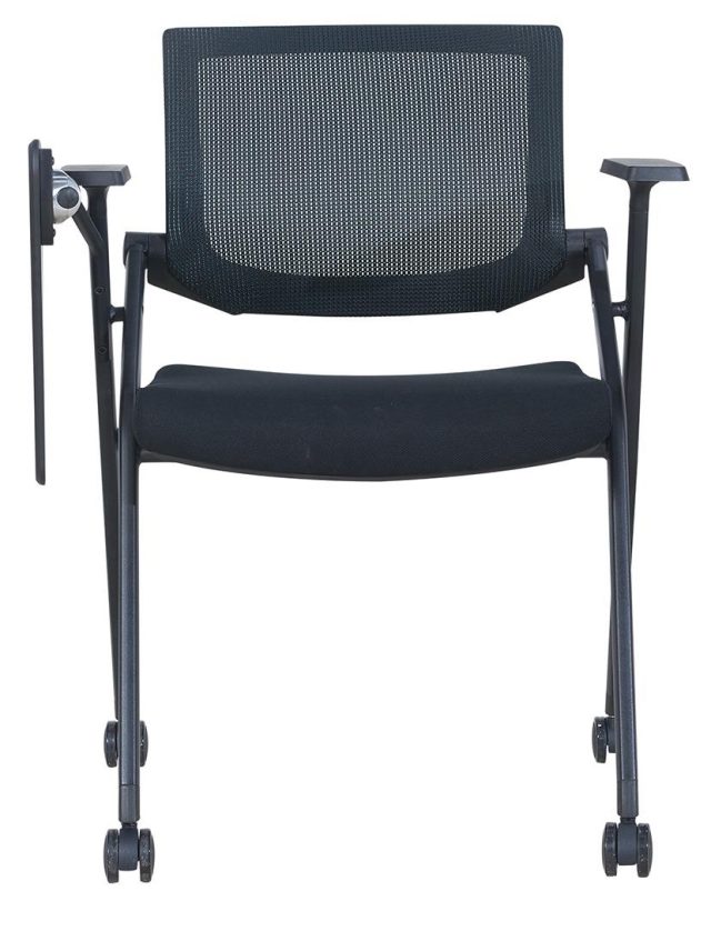 Folding Study Chair | Training Room Chair – Black Nylon Glass Fiber Frame, Mesh Back, Turnable Armrests & Wheels