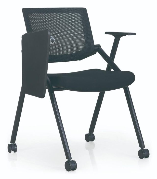 Folding Study Chair | Training Room Chair – Black Nylon Glass Fiber Frame, Mesh Back, Turnable Armrests & Wheels